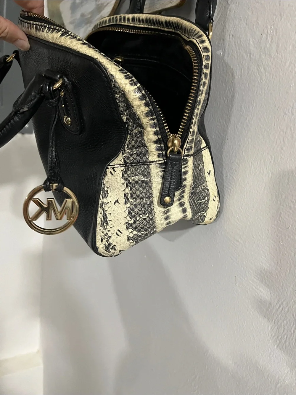 Michael Kors Black Satchel with Cream Snake-Print Panels